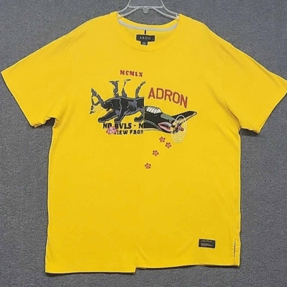 AKOO Adron Short Sleeve T Shirt Men’s XL Yellow Embroidered Graphic Panther